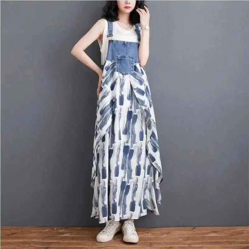 [EWQ] Sweet Women's Denim Dress Patchwork Contrasting Print Design Big Zise Casual Clothing Beautiful Sing Dresses 16O1075