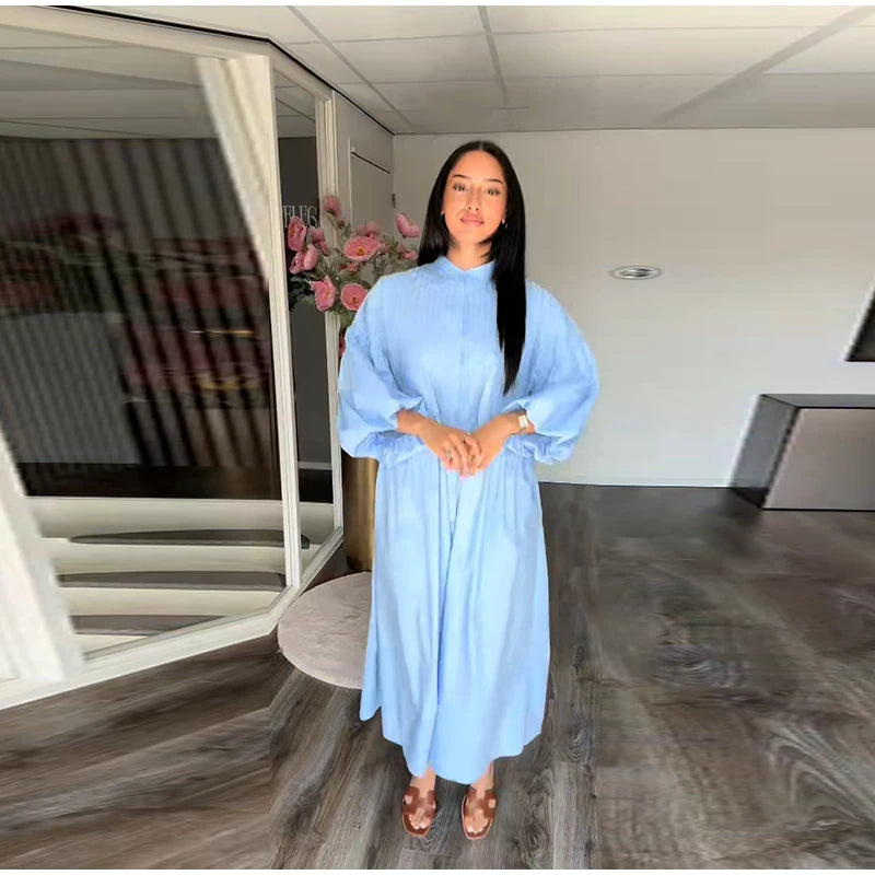 Loose Single Breasted Pleated Long Dress Women Elegant O-neck Lantern Sleeve A-line Party Dresses 2025 Summer Lady Casual Robes