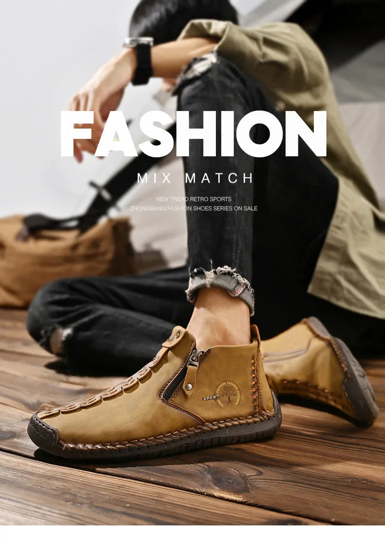 Men Boots Handmade Casual Ankle Boats for Man Male Hombres Walking Shoe Breathable Hombres Leather Wide Upright Zipper Shoes