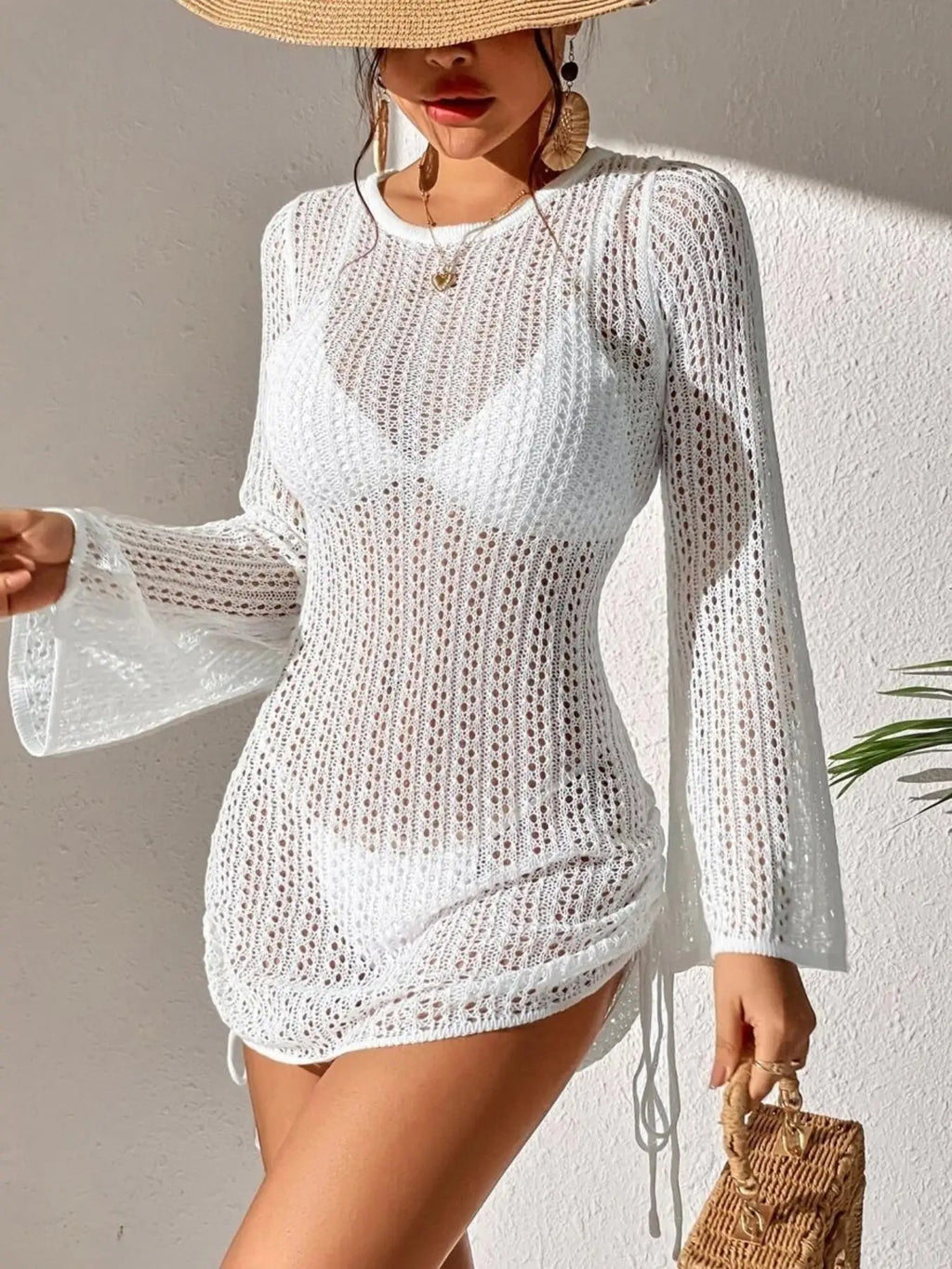 Women's New Spring, Summer and Autumn Cut Out Crochet Side Drawstring Blouse Dress (Bikini Not Included)
