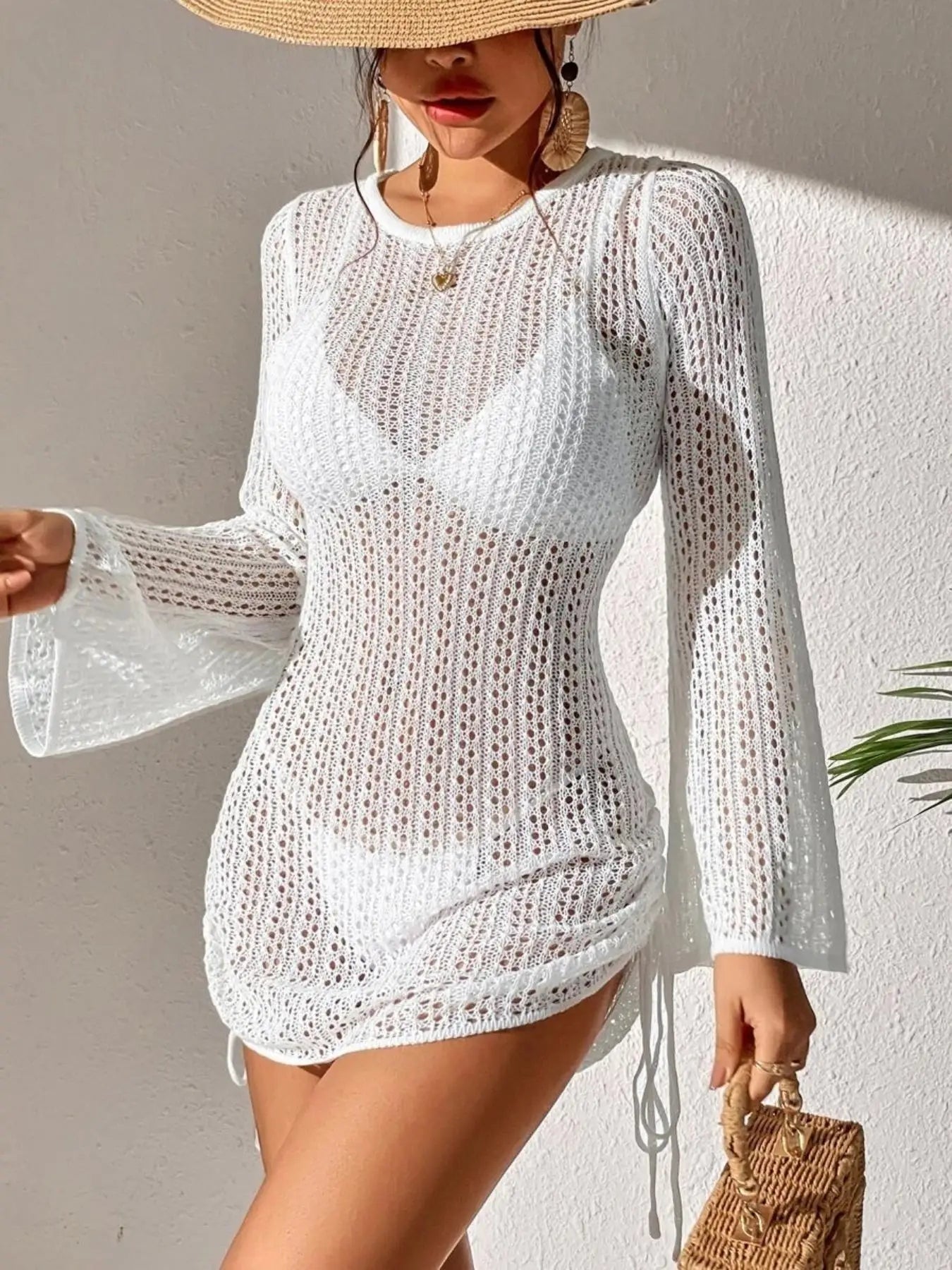 Women's New Spring, Summer and Autumn Cut Out Crochet Side Drawstring Blouse Dress (Bikini Not Included)