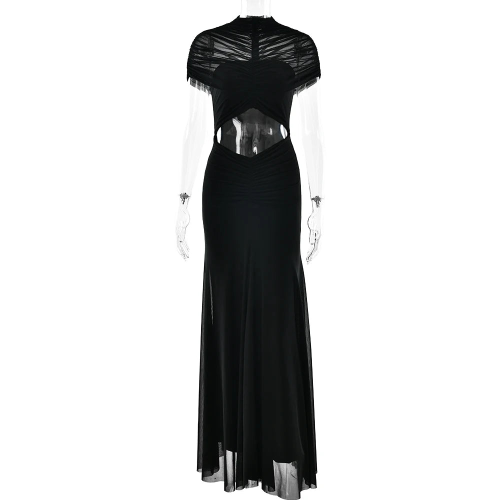 JULISSA MO Sexy Hollow Out Turtleneck Women Maxi Dress Coffee Short Sleeve See Through Mesh Bodycon Elegant Party Evening Dress