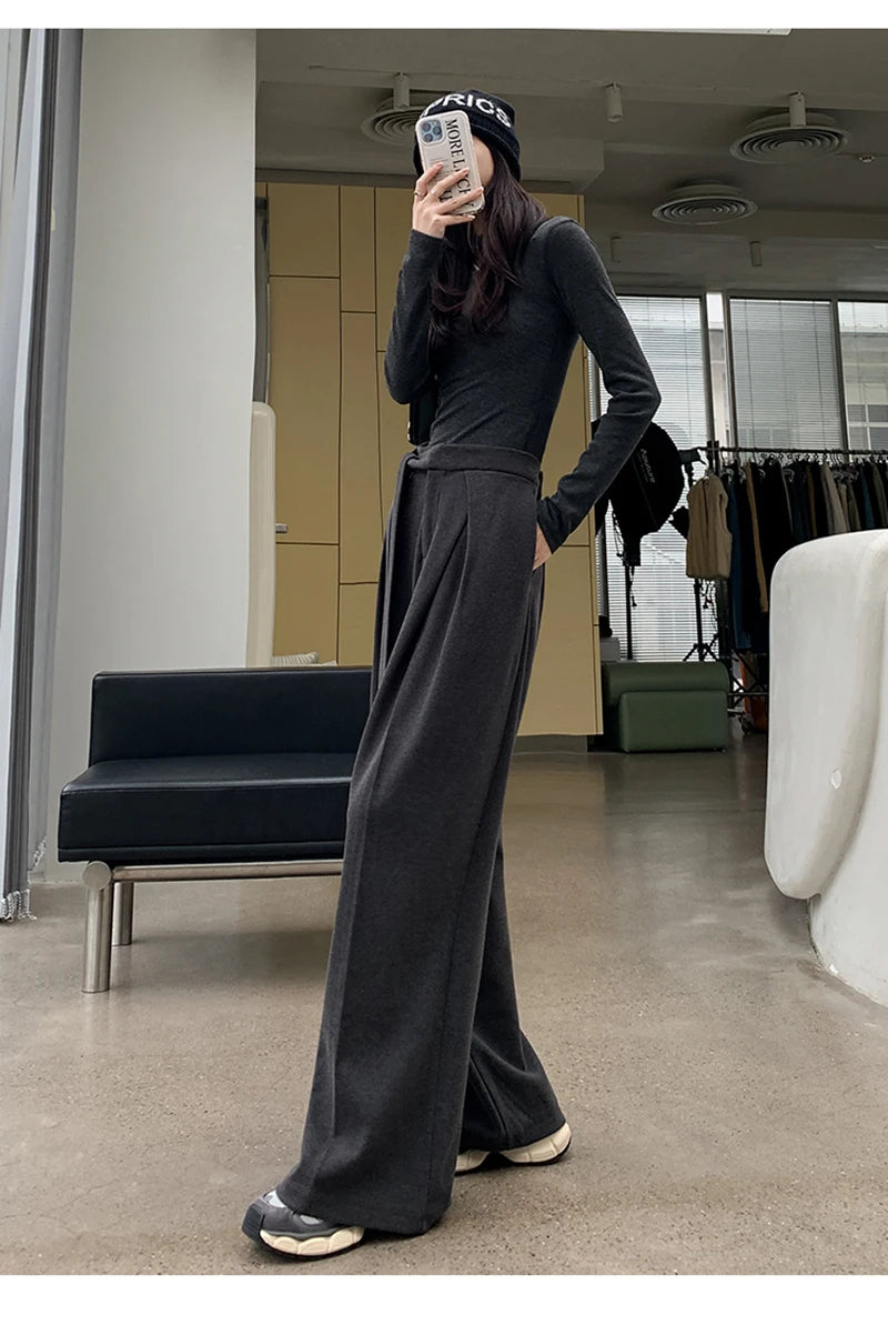 MEXZT Woolen Wide Leg Pants Women Fashion Lace Up Black Baggy Suit Pants Winter Streetwear Korean Casual Straight Trousers New