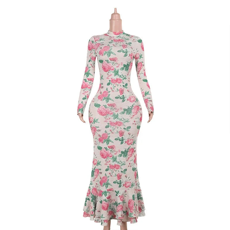 Mozision Bodycon Long Sleeve Half High Collar Print Zipper Elegant Maxi Dress Women Slim High Waist Sexy Dress Ladies Outfits