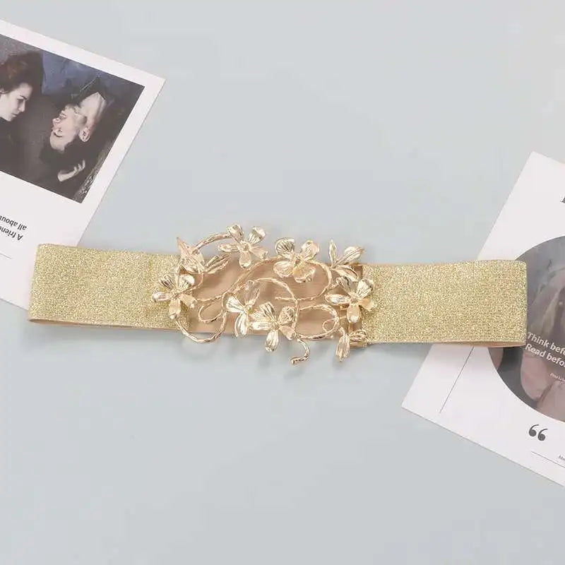 LANMREM Women Temperament Golden Flower Buckle Gold Silver Thread Elastic Waistband Fashionable Matching Skirt Dress 2DB1921