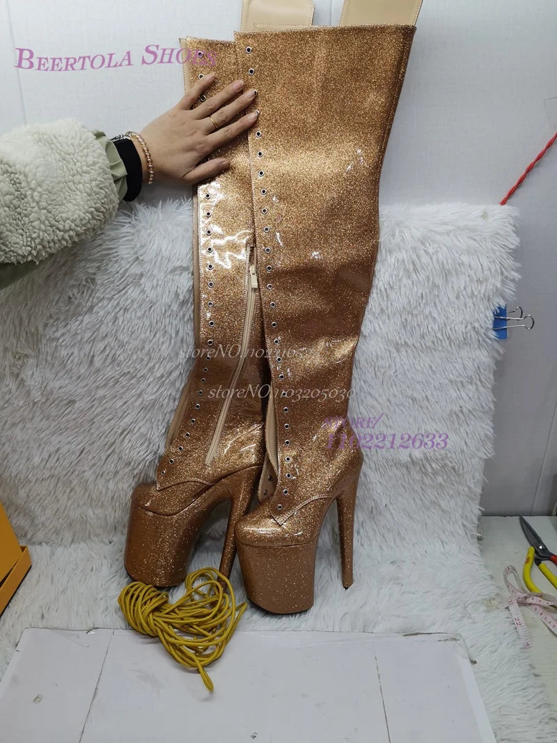 Pure Black Shiny Glossy Sexy Dark Pattern Dance Thigh Boots Platform Woman Over The Knee Long Lace Up Zipper Shoes Bling Shoes