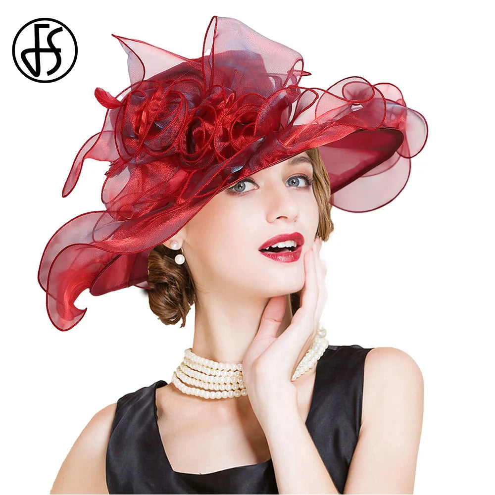 FS Wide Brim Kentucky Derby Hats Fascinators For Women With Veil Flower Organza Wedding Church Cocktail Tea Party Dress Cap 2025