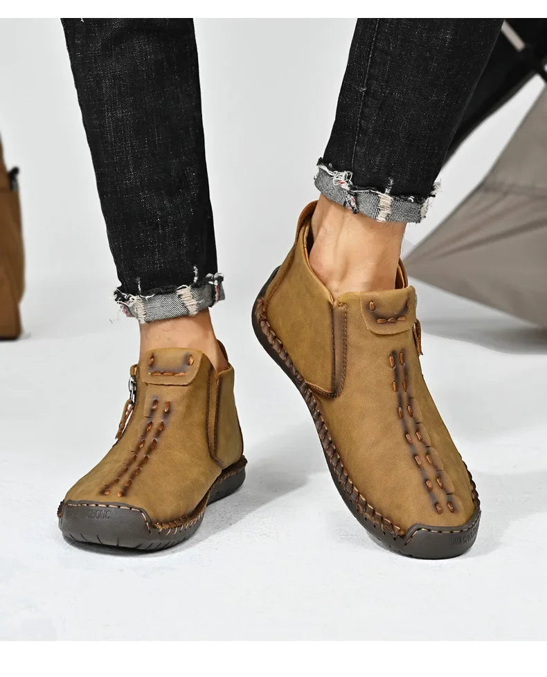 Men Boots Handmade Casual Ankle Boats for Man Male Hombres Walking Shoe Breathable Hombres Leather Wide Upright Zipper Shoes