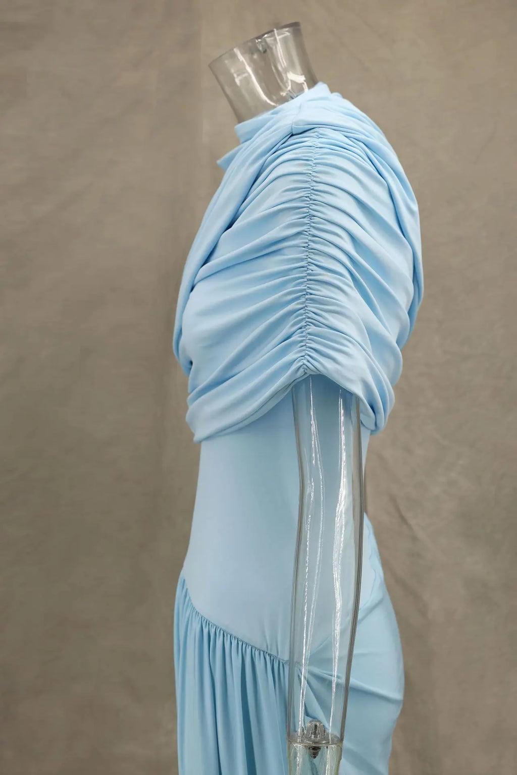 Elegant Shawl Ruched Asymmetrical Maxi Women Dress Summer Light Blue Slim Light Blue Party Dress Female Chic Evening Prom Gowns