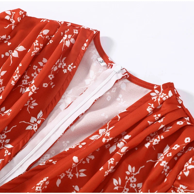 Elegant Printed Maxi Dress Women Half Sleeve V-Neck Button Waist-Closed Hip Package Ruffle Dresses 2026 Spring Summer Lady Robe
