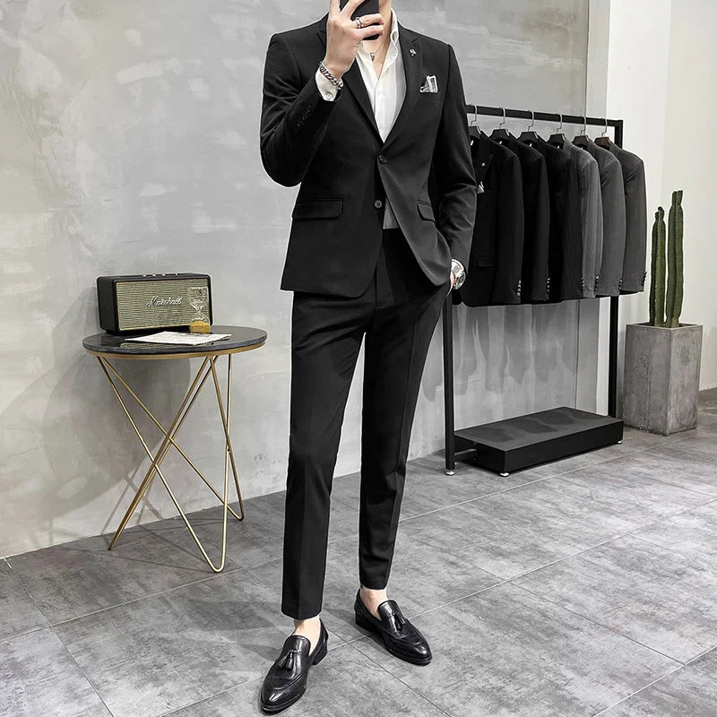 ( Blazer + Pants ) High End Brand Plaid Men's Casual Formal Office Business Suit Groom Wedding Dress Slim Suit Jacket Trousers
