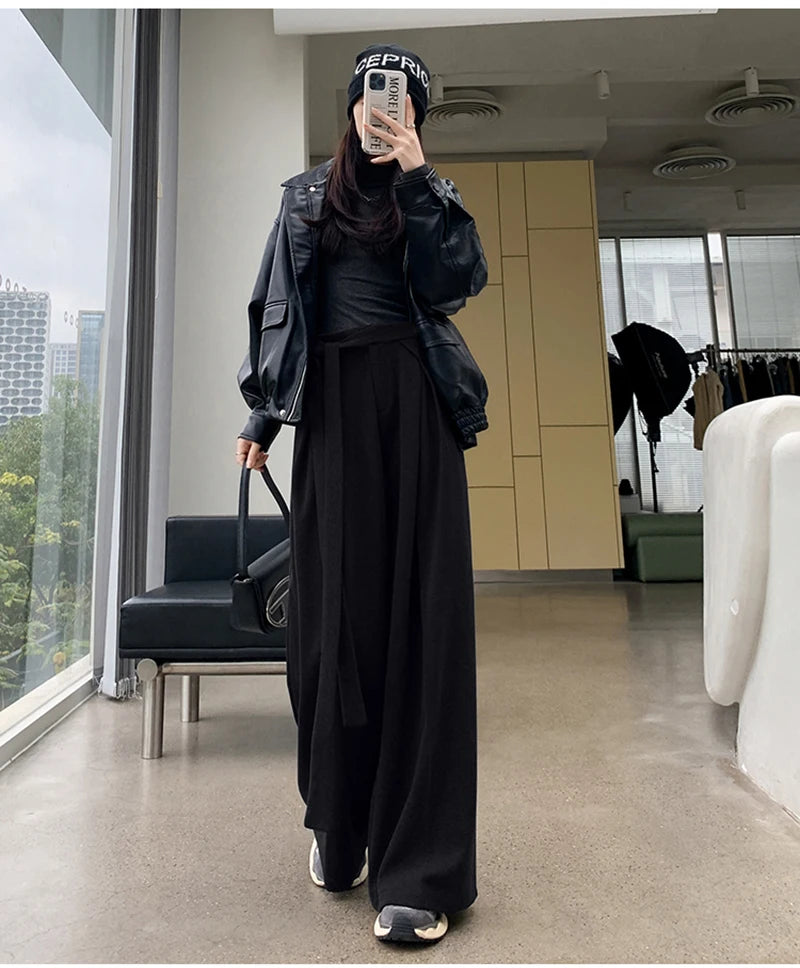 MEXZT Woolen Wide Leg Pants Women Fashion Lace Up Black Baggy Suit Pants Winter Streetwear Korean Casual Straight Trousers New