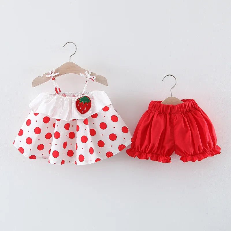 New Two-Piece Halter Strawberry Print Polka Dot Bloomers For Baby Girls Casual Summer Two-Piece Sweet Princess Dress