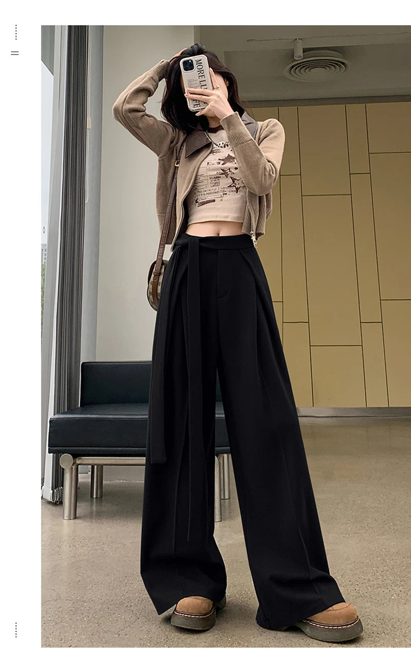 MEXZT Woolen Wide Leg Pants Women Fashion Lace Up Black Baggy Suit Pants Winter Streetwear Korean Casual Straight Trousers New