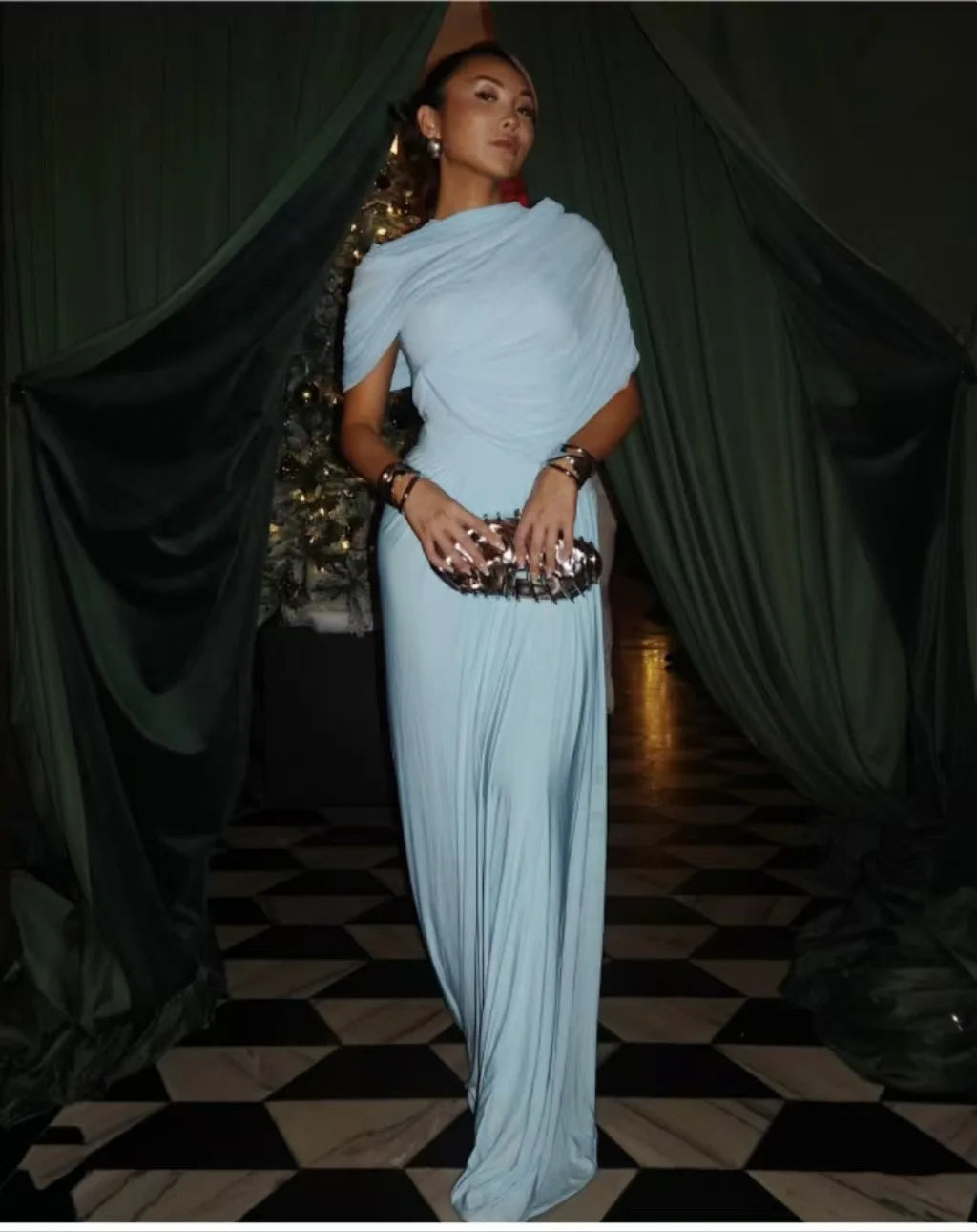 Elegant Shawl Ruched Asymmetrical Maxi Women Dress Summer Light Blue Slim Light Blue Party Dress Female Chic Evening Prom Gowns