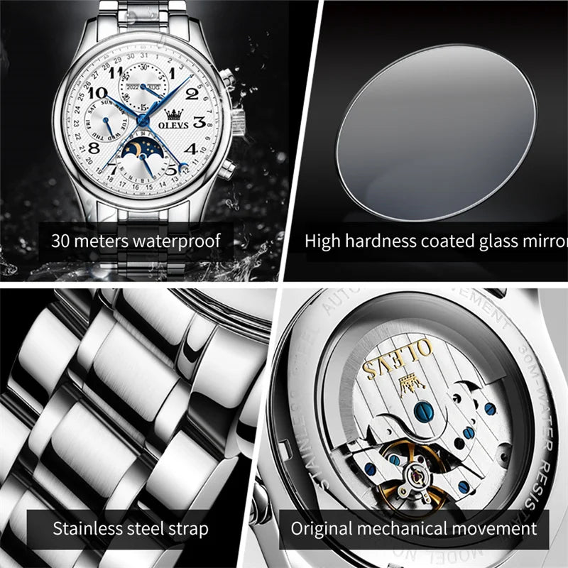 OLEVS Top Brand Luxury Automatic Mechanical Men Watches Moon Phase Steel Dress Fashion Business Waterproof Watch Reloj Hombre
