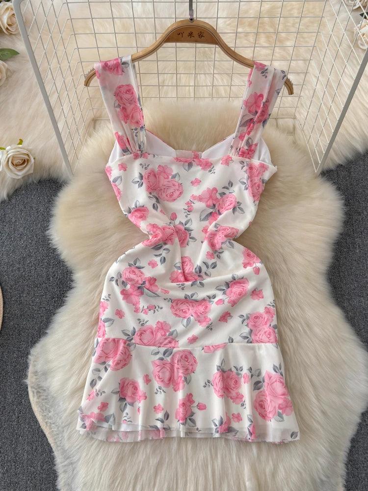 SsTss Summer Sweet Pink Floral Print Mesh Bodycon Dress for Women Elegant Square Neck Sleeveless Slim Ruched Ruffles Party Dress