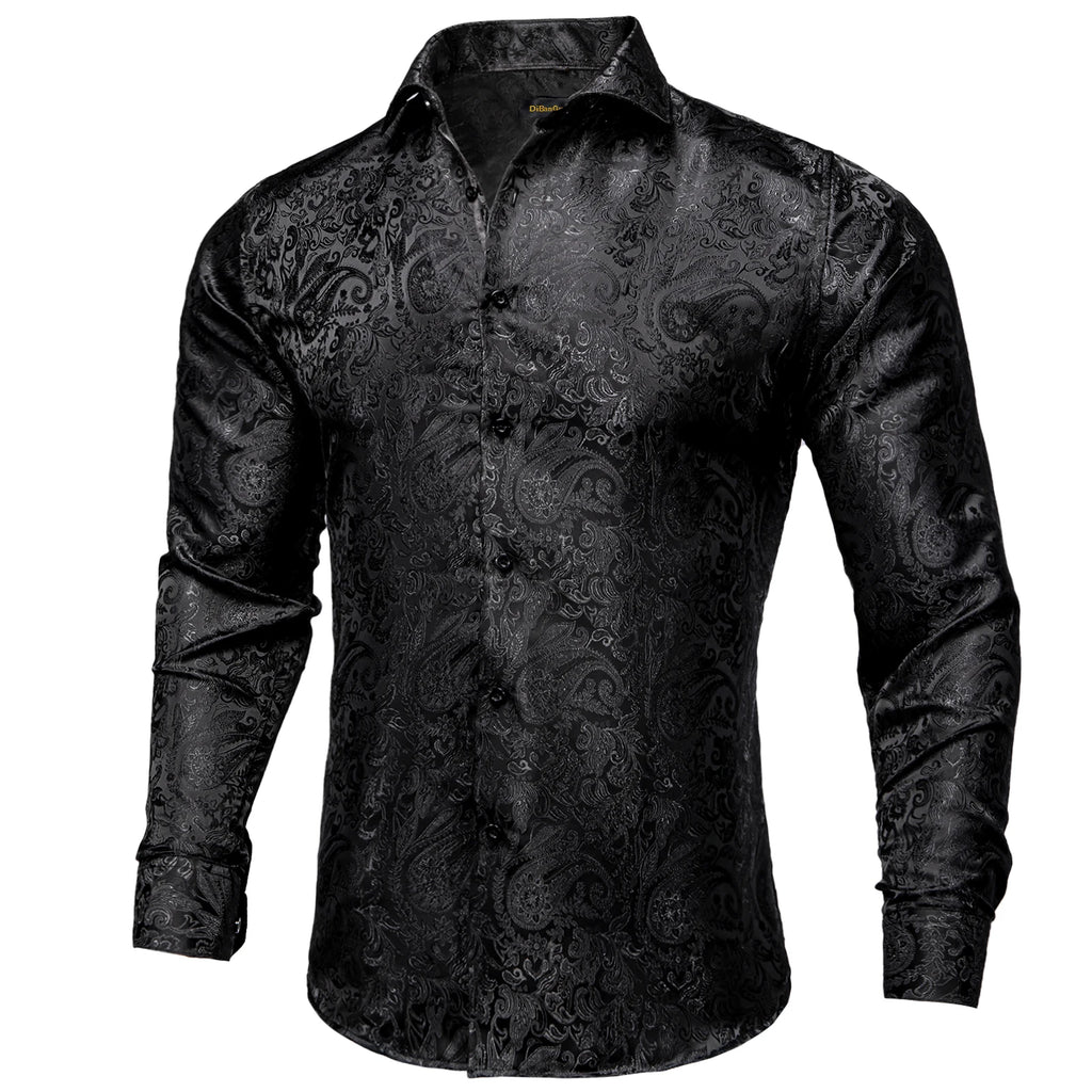 Polyester Dress Shirts for Men Black Solid Paisley Red Silver Long Sleeve Turn Down Collar Prom Social Men's Shirt