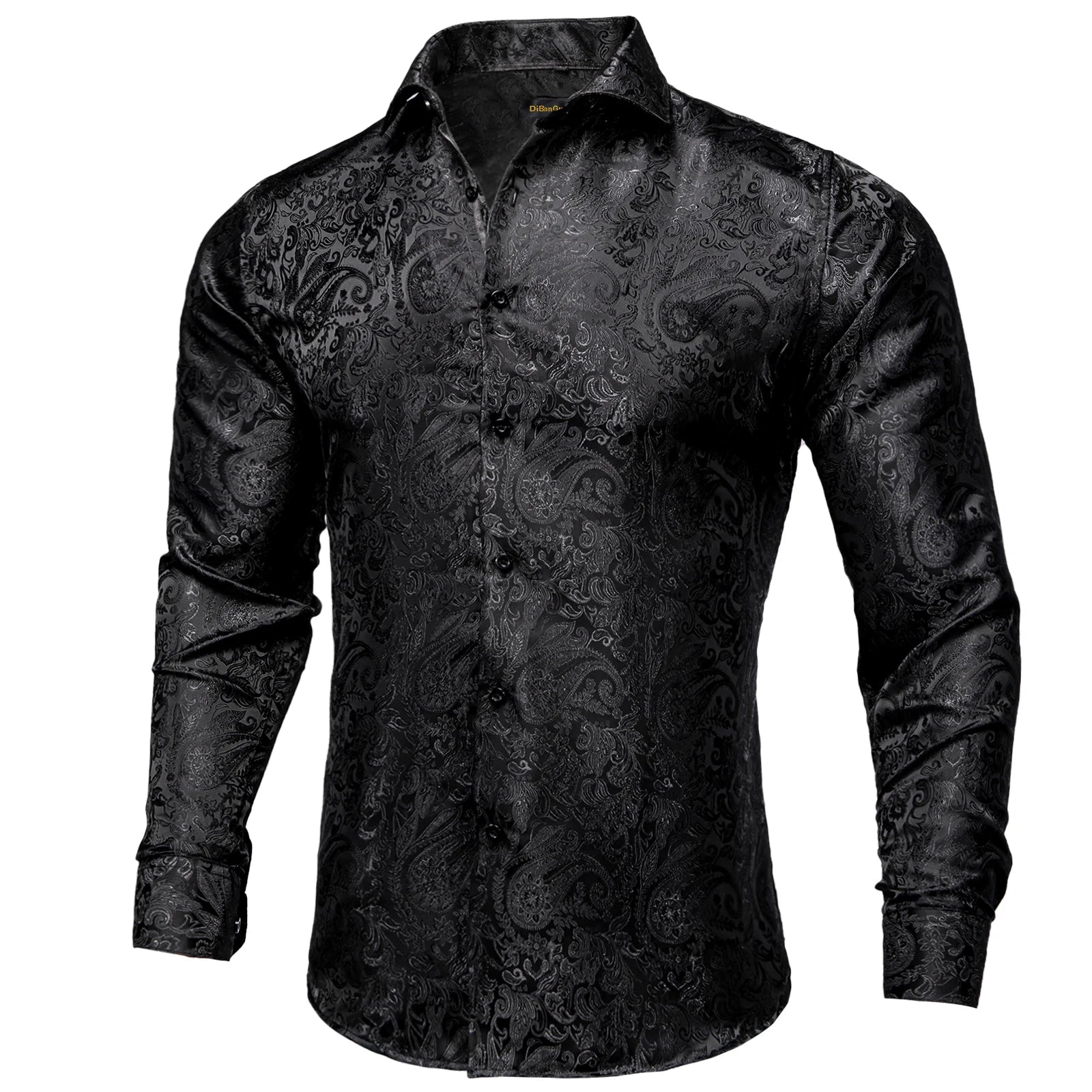 Polyester Dress Shirts for Men Black Solid Paisley Red Silver Long Sleeve Turn Down Collar Prom Social Men's Shirt