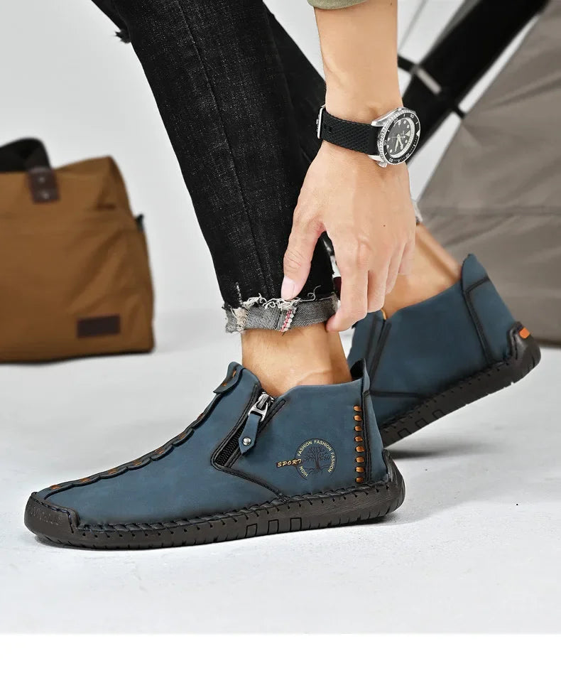 Men Boots Handmade Casual Ankle Boats for Man Male Hombres Walking Shoe Breathable Hombres Leather Wide Upright Zipper Shoes