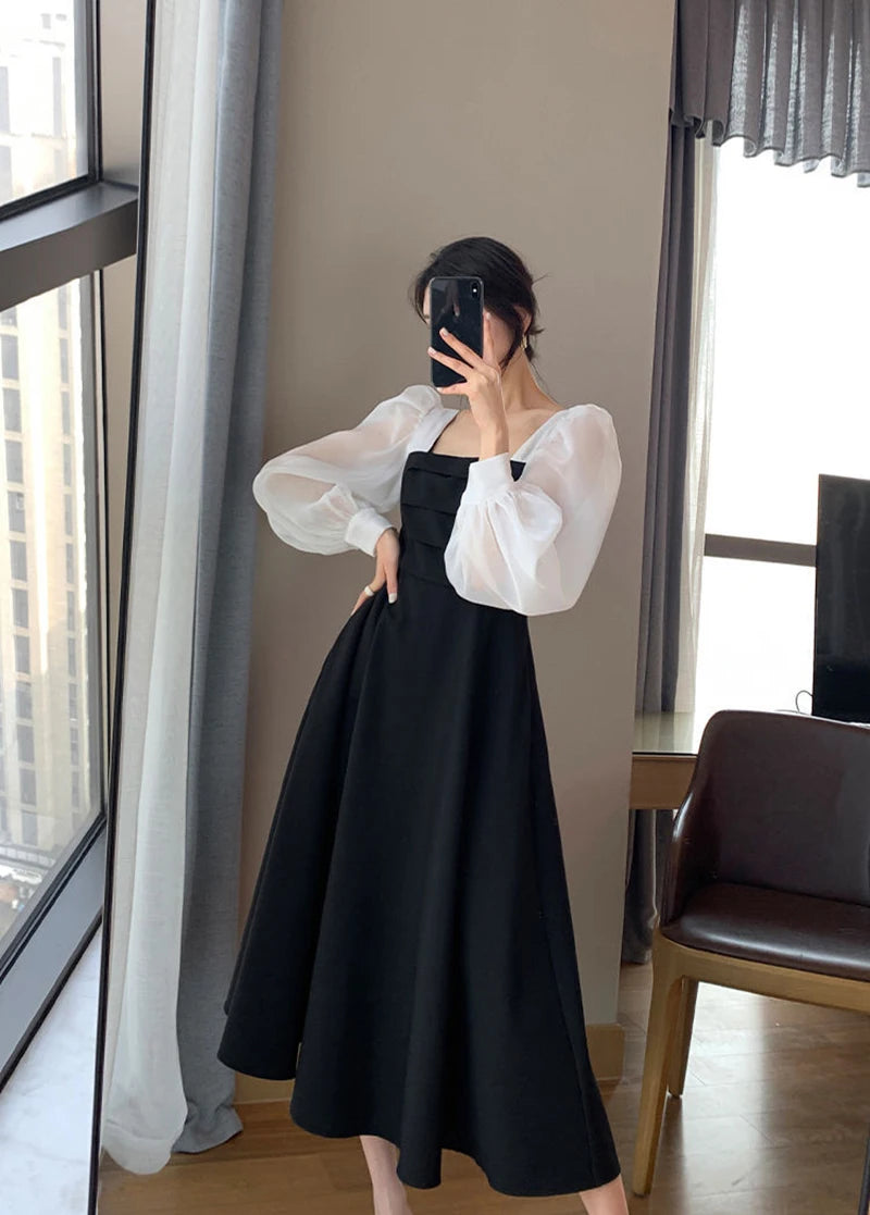 Korean Black Dress Women Elegant Fashion Summer Office Ladies High Waist Dress Chiffon Patchwork Square Collar A Line Vestidos