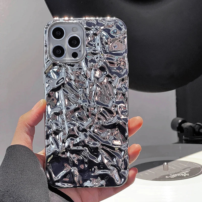 Plating Metal Color Silver Tin Foil Pleats Case For iPhone 14 13 12 11 15 16 17 Pro Max Air Mini XS XR Plus Silicone Phone Case