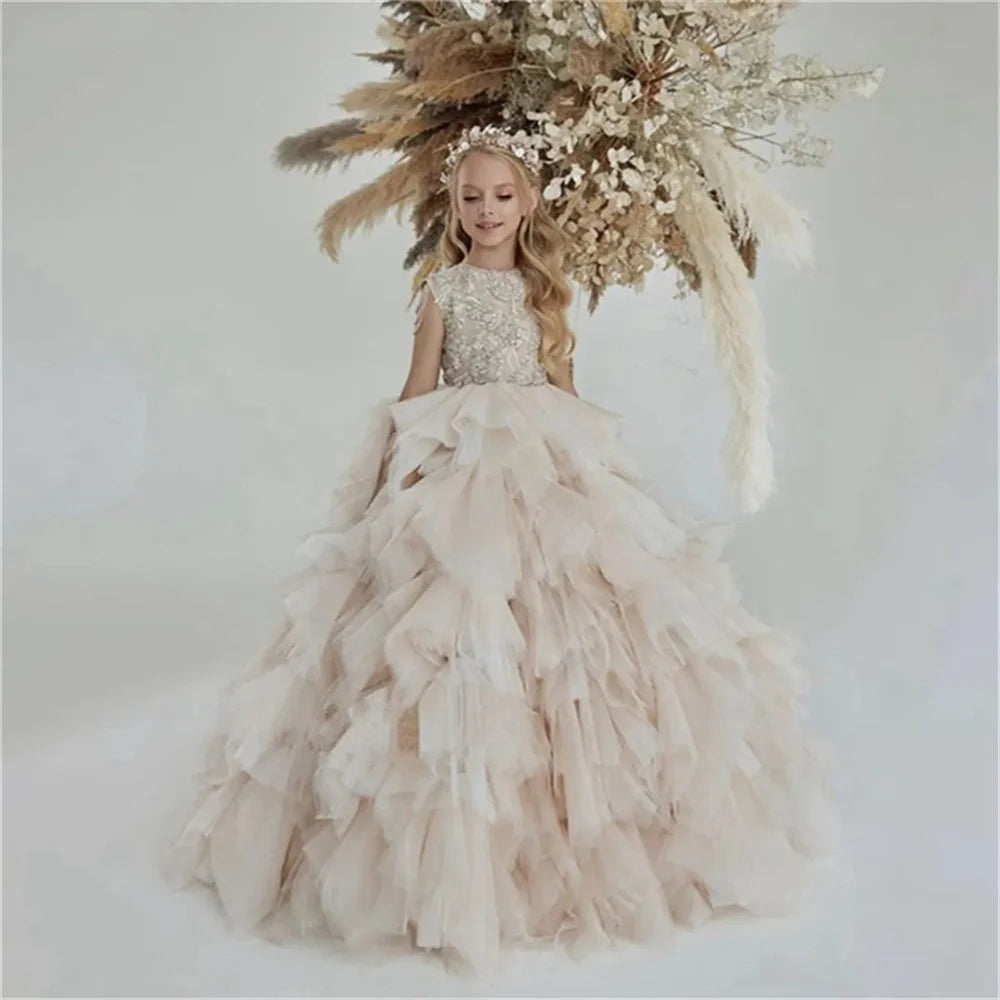 Flower Girl Dress Birthday Ball Gown Puffy For Wedding Tulle Appliques Beading Party Pageant First Communion Gown Gift