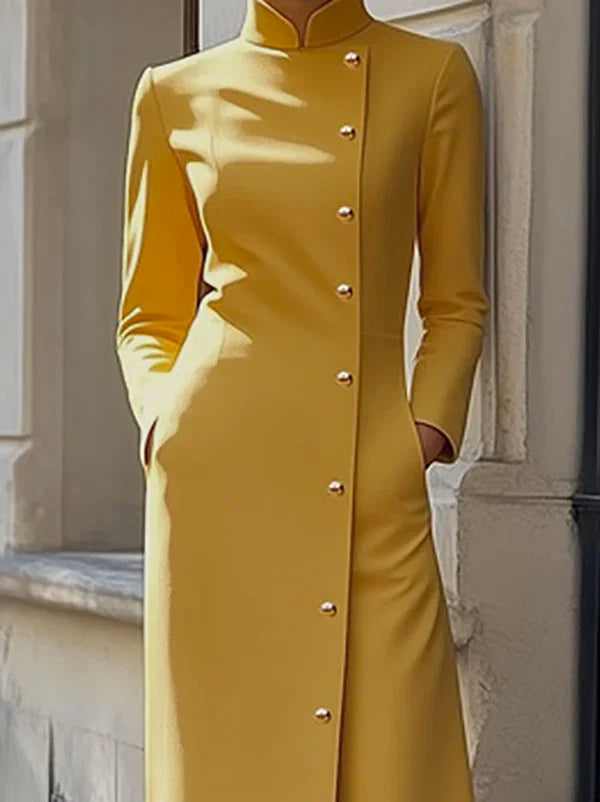 Solid Color Dress for Women 2025 Stand Collar Long Sleeves Single-breasted H-Line Midi Dress Autumn Fashion High Street Dress