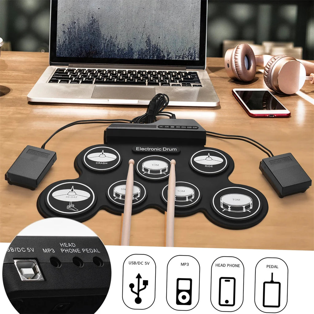 2022New Folding Silicone Hand Roll USB Electronic Drum Portable Practice Drums Pad Kit With Drumsticks Sustain Pedal