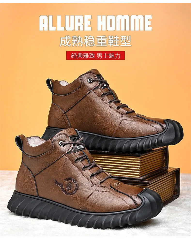 CINESSD New Warm Winter Velvet Men's Snow Boots Non-slip Men's Leather Boots Thick Bottom Dad Shoes