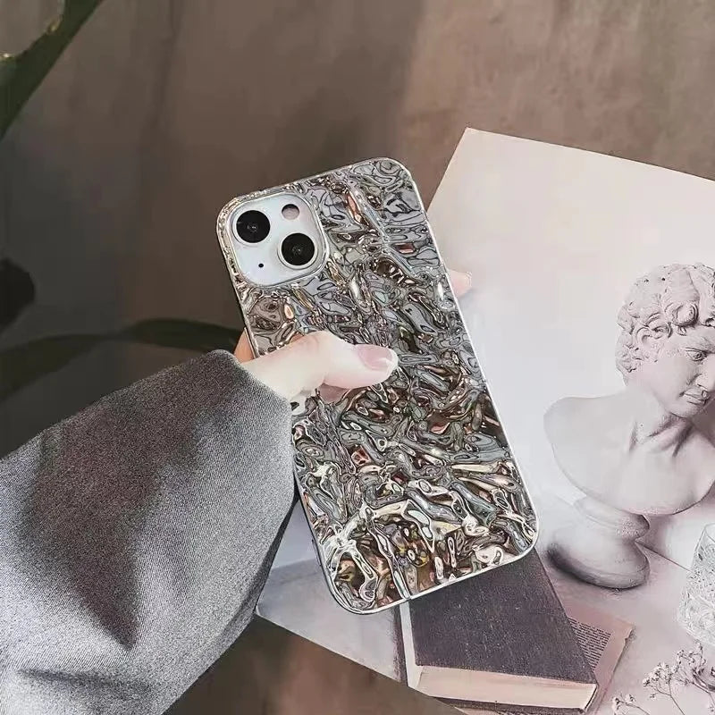 Plating Metal Color Silver Tin Foil Pleats Case For iPhone 14 13 12 11 15 16 17 Pro Max Air Mini XS XR Plus Silicone Phone Case