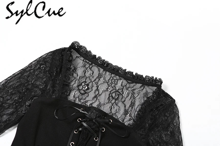 Nibber Black Retro Mysterious Lace Sexy Mature Beautiful Sweet Gentle Personality Women Drawstring Laminated Ruffled Tutu Dress