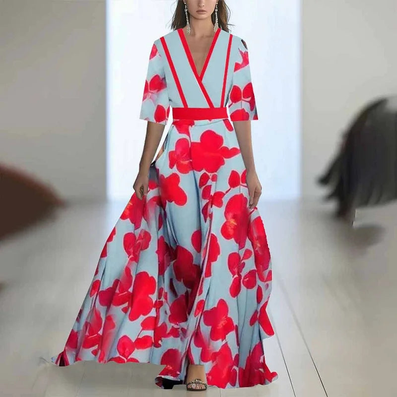 Robes Woman Elegant Floral Print Patchwork Maxi Dress Sexy V Neck High Waist Long Dress Spring Puff Sleeves Loose Bohemian Dress