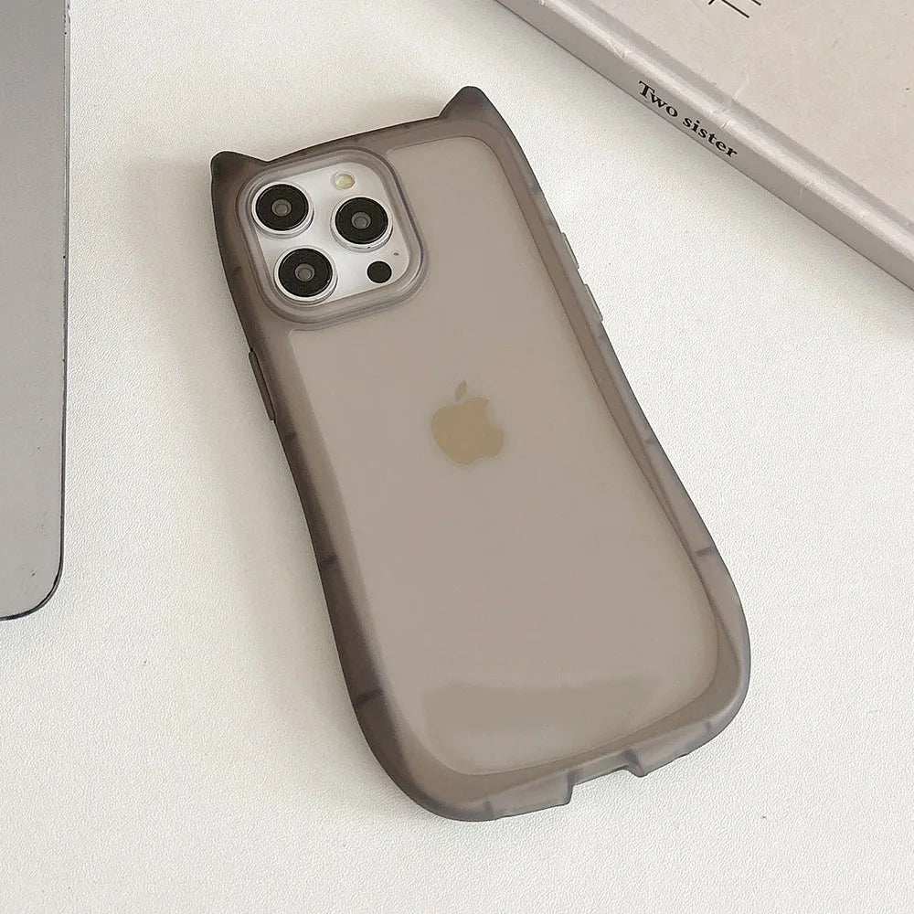 Korea Cute 3D Cat Ear Transparent Phone Case For iPhone 11 12 13 14 15 16 Pro Max Matte Silicone Shockproof Protective Cover