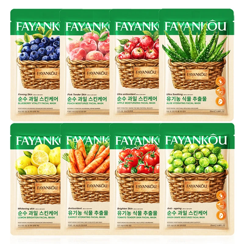 8pcs/kit FAYANKOU Fruit Facial Masks Moisturizing Brightening Hydrating Anti-Aging Face Mask Korean Sheet Masks Skin Care