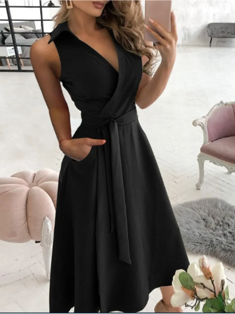 V-neck Lace Up Short Sleeved Solid Color Pocket Women's Dress Elegant Office Fashion Commuting Style Summer Dress