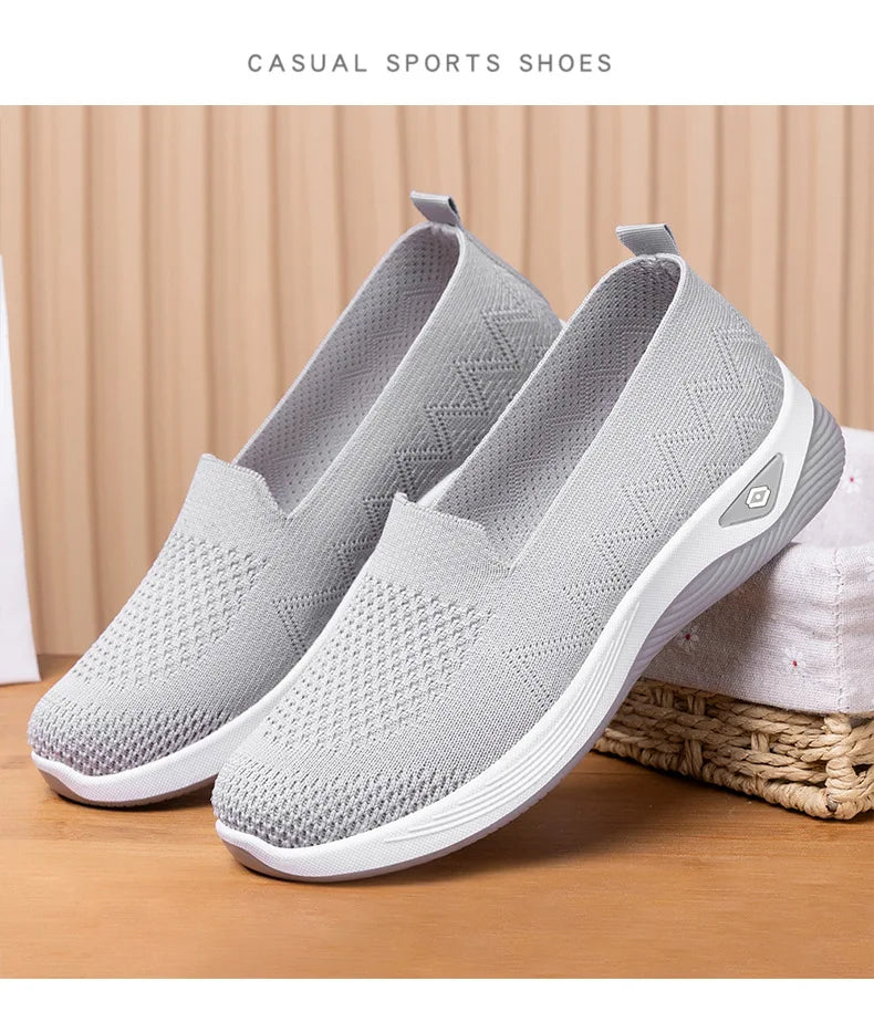 Women's Solid Color Breathable Sneakers, Soft Sole Lightweight Slip On Walking Shoes, Low-top Knitted Casual Shoes