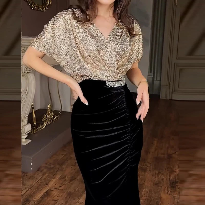 Sexy Elegant Sequin Velvet Slimming Party Dresses Women V Neck Sparkling Ball Gathering Club Split Long Dress Women Clothing