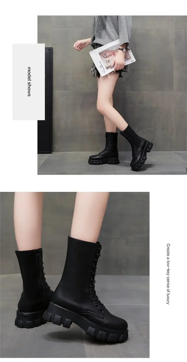 2024 Winter Shoes Women White Boots Autumn Fashion PU Leather Platform Gothic Boots Punk Combat Mid-Calf Boots For Women Booties