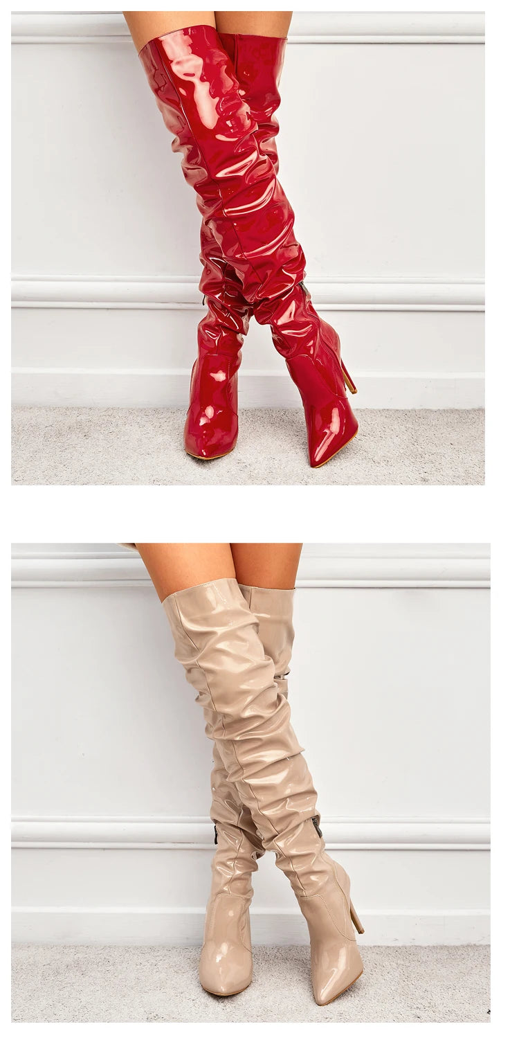 Eilyken High Quality Pleated Patent Leather Motorcycle Over The Knee Boots Women Fashion Pointed Toe Zip Thigh High Lady Shoes