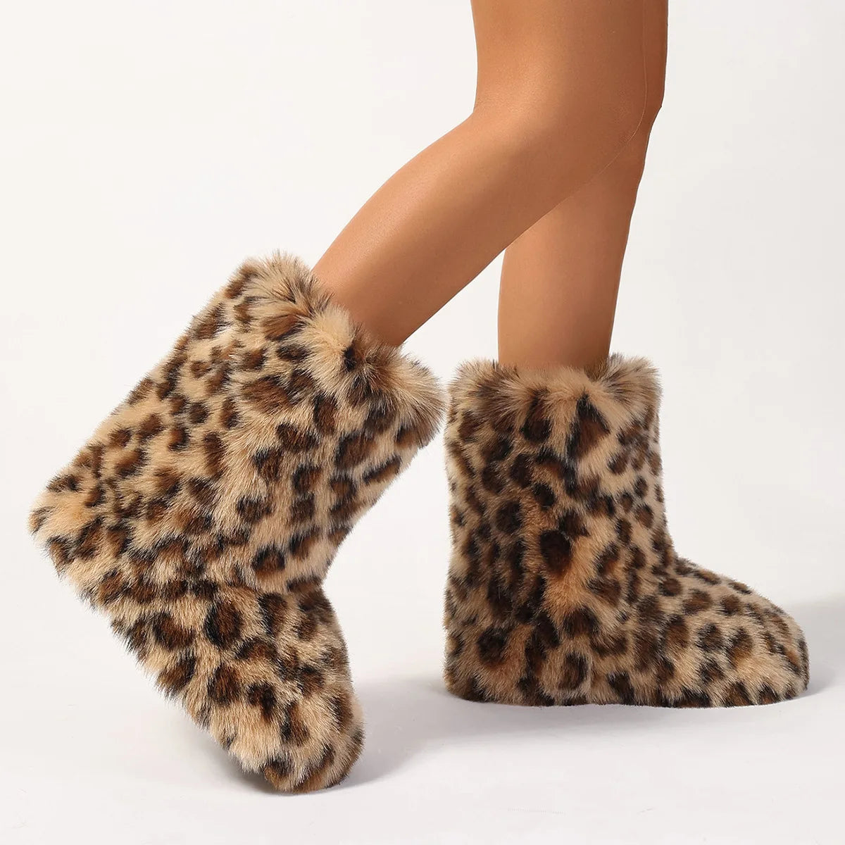 Womens Leopard Print Mid-Calf Fuzzy Faux Fur Boots - Soft, Warm, and Comfortable Slip-on Design with Flat Heel, Round Toe