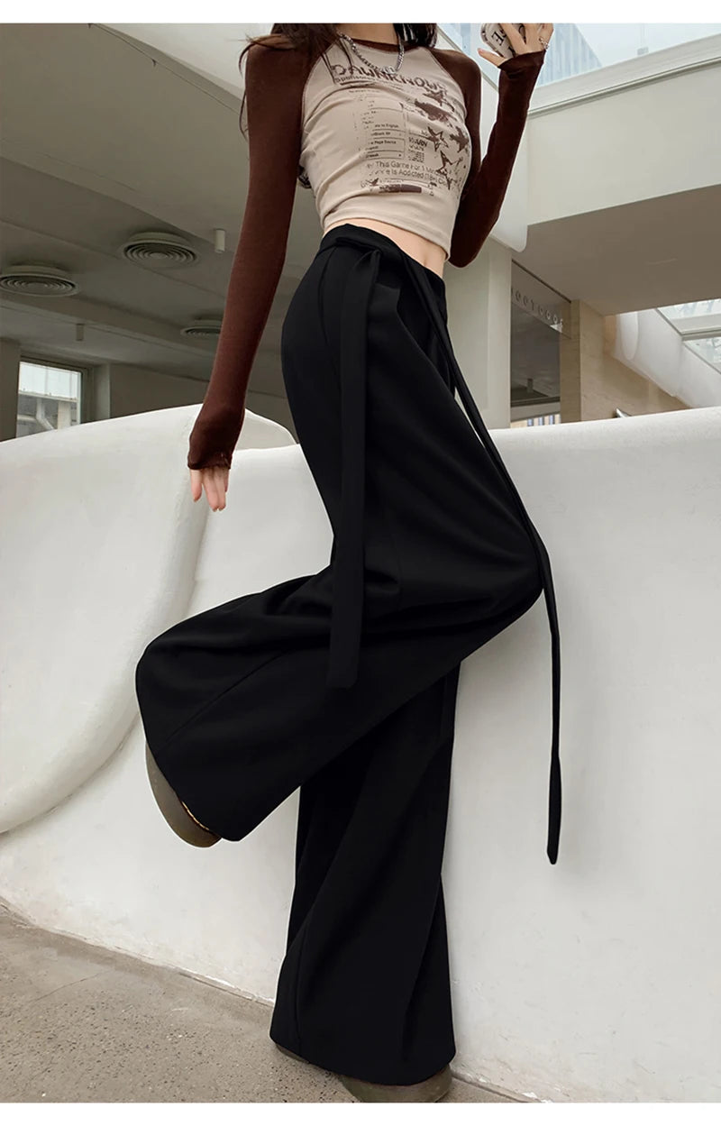MEXZT Woolen Wide Leg Pants Women Fashion Lace Up Black Baggy Suit Pants Winter Streetwear Korean Casual Straight Trousers New