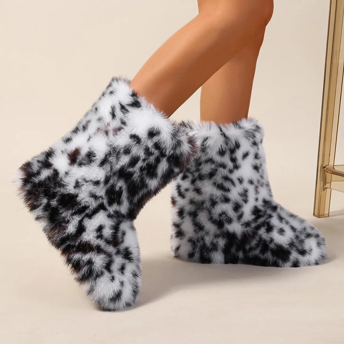 Womens Leopard Print Mid-Calf Fuzzy Faux Fur Boots - Soft, Warm, and Comfortable Slip-on Design with Flat Heel, Round Toe