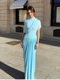 Elegant Shawl Ruched Asymmetrical Maxi Women Dress Summer Light Blue Slim Light Blue Party Dress Female Chic Evening Prom Gowns