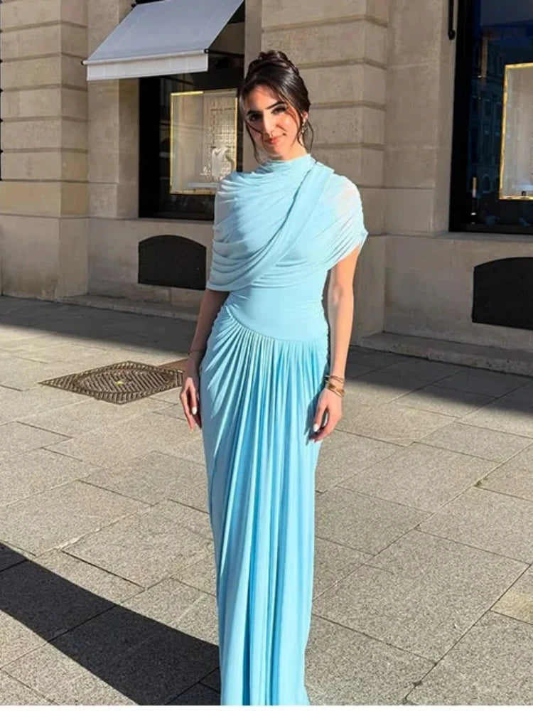 Elegant Shawl Ruched Asymmetrical Maxi Women Dress Summer Light Blue Slim Light Blue Party Dress Female Chic Evening Prom Gowns