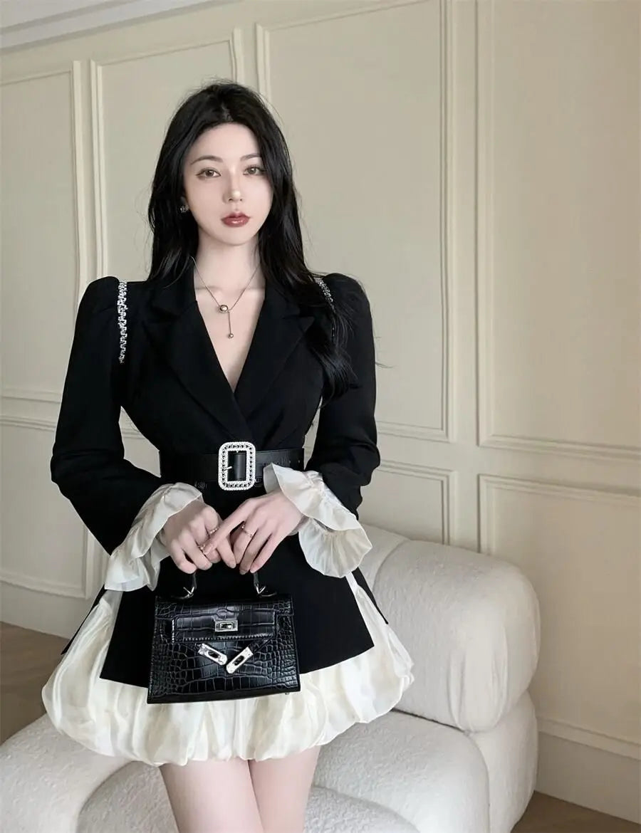 Neploe Temperament Lace Up Waist Slim Dress Sets High Waist Ruffle Edge Patched Sleeves Ropa Mujer Sexy Feminino Chic Women Sets