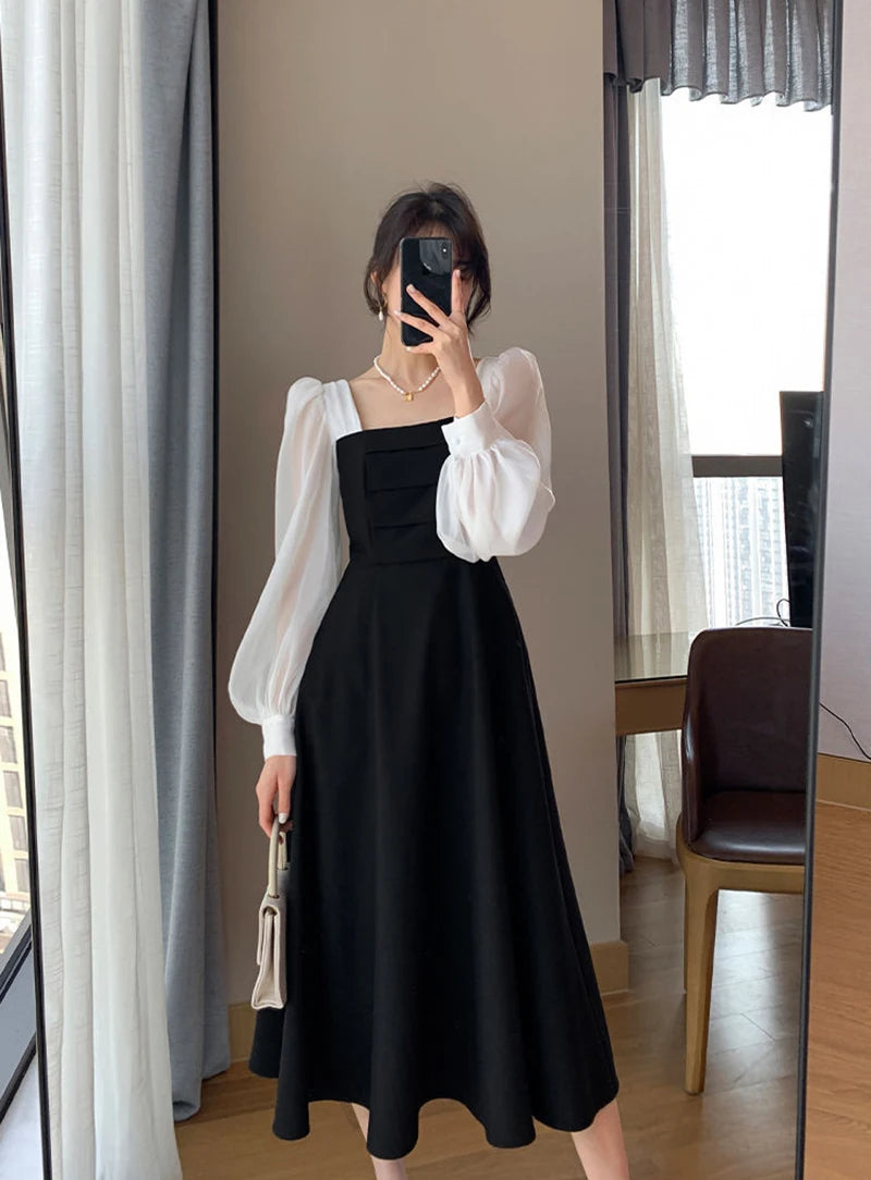 Korean Black Dress Women Elegant Fashion Summer Office Ladies High Waist Dress Chiffon Patchwork Square Collar A Line Vestidos