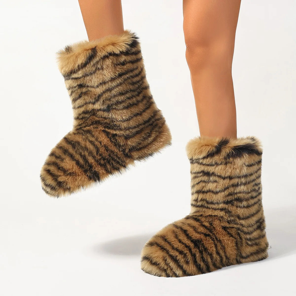 Womens Leopard Print Mid-Calf Fuzzy Faux Fur Boots - Soft, Warm, and Comfortable Slip-on Design with Flat Heel, Round Toe