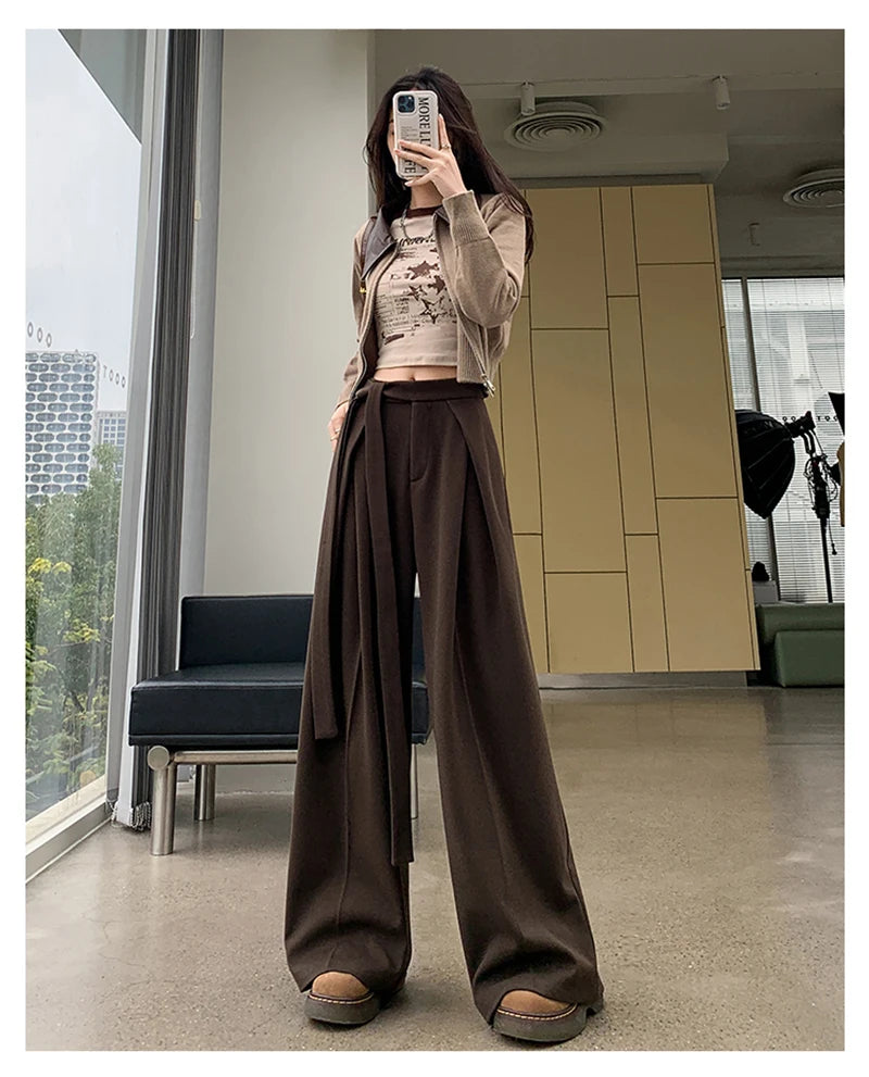 MEXZT Woolen Wide Leg Pants Women Fashion Lace Up Black Baggy Suit Pants Winter Streetwear Korean Casual Straight Trousers New
