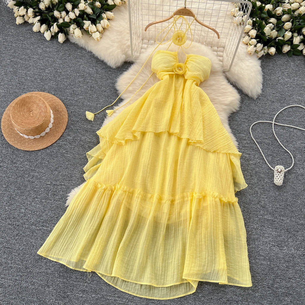 Elegant Sweet High Waist Hollow Out Asymmetric Three-dimensional Flower Halter Dress Vacation Slim Women Party Summer Dresses